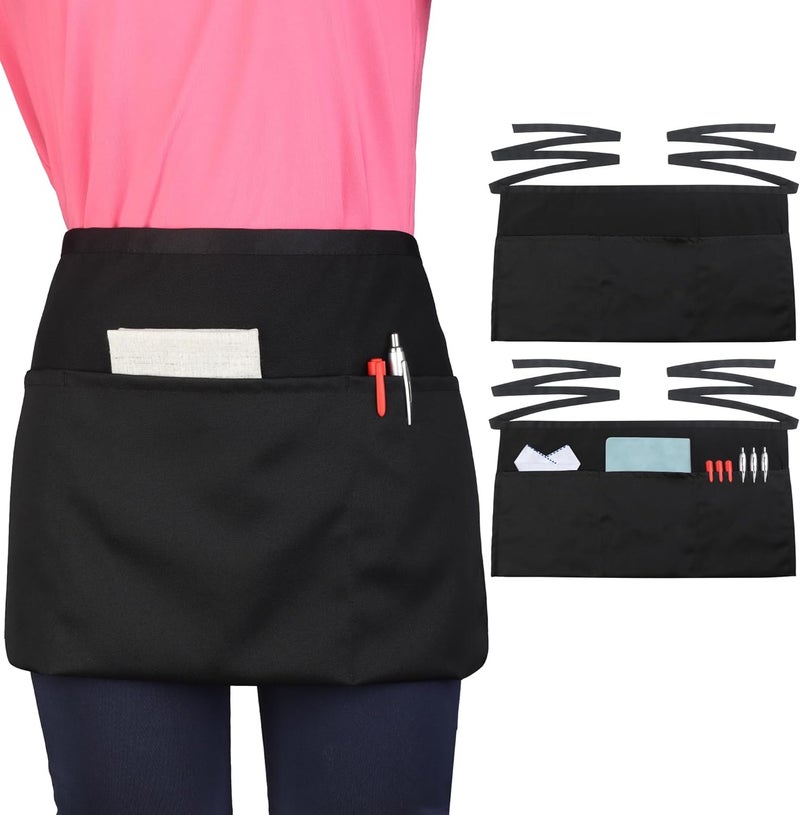 Wsaeig Server Waitress Waist Apron - Half Apron with 3 Pockets,Black Short Aprons for Servers,Waiter Apron - Image 1